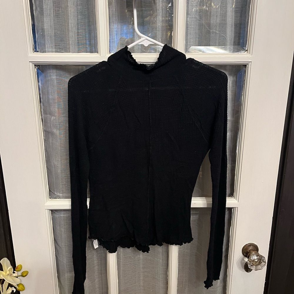 Free People Black Waffle Mock neck Long sleeve Top - Picture 7 of 8